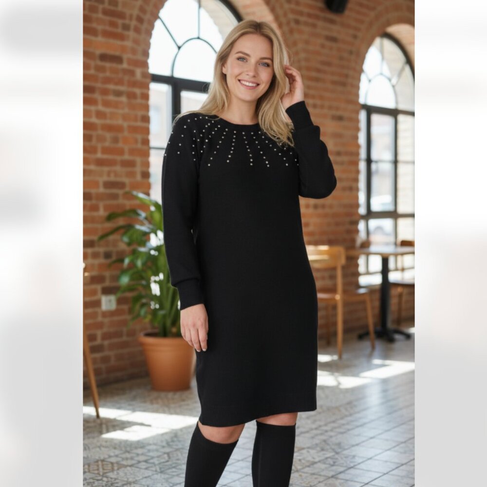 NWT LANE BRYANT Long Sleeve Embellished Crew Neck Sweater Dress Black